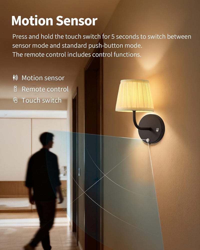 PUSU Motion Sensor Black H9.6 inch Small Wall Sconces Set of 2, LED Cordless Rechargeable 5200mAh Battery Operated Fabric Wall Lamps with Remote, Lighting for Living Room, Bedroom, Hallway, Stairs - Image 2